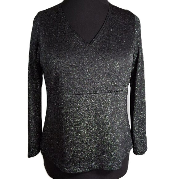 Glitter Black Gold Faux Wrap Empire Shimmer Holiday PartyTop Size L Long Sleeves - Picture 10 of 14